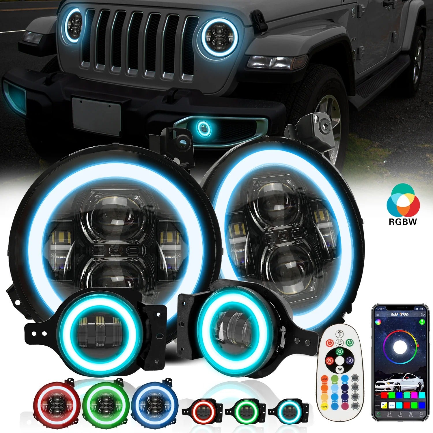 9" RGB-W Halo LED Headlights + 4" RGBW LED Fog Lights For 2018-2025 Jeep Wrangler JL JLU 4xe Gladiator (JT)