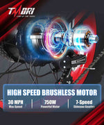 TMORI Electric Bike for Adults 750W 48V Foldable Electric Bicycle with Shimano 7-Speed Gear 20" Fat Tire E Bike Electric Beach Mountain Bike for Adults