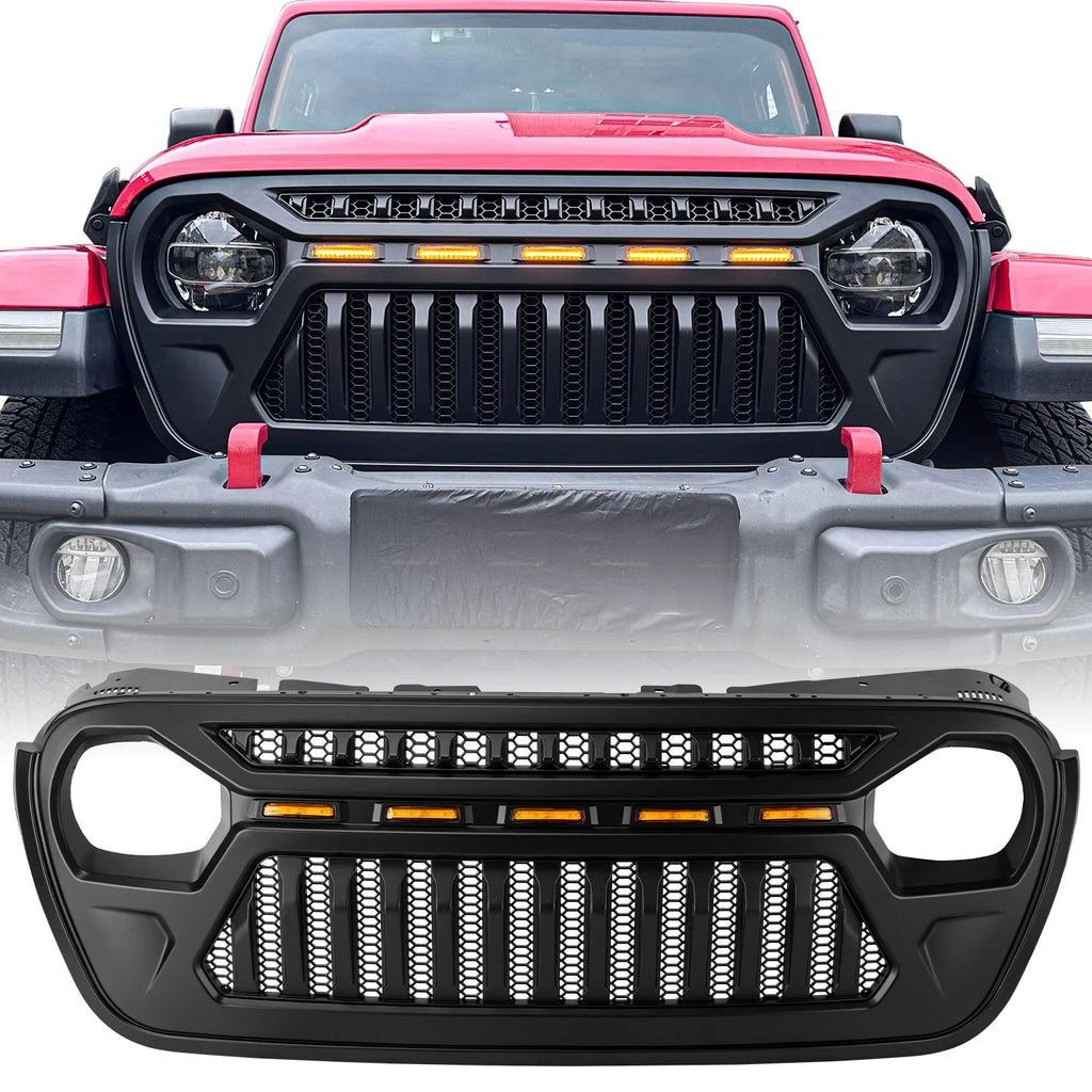 Jeep Grille (Angry Birds) with White/Amber LED Lights ABS Matte Black for 2018-2025 Jeep Wrangler JL JLU 4XE & Jeep Gladiator JT