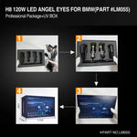 H8 120W LED Angel Eyes for BMW packaging with components and box on a black background