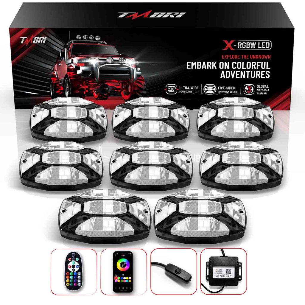 TMORI X-Series RGBW Rock Lights for Trucks & UTV - 8 Pods, App Controlled Flashing Music Mode (Copy) (Copy) (Copy)