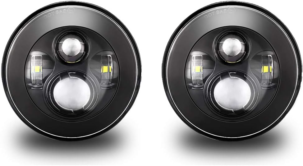 Tmori 2 Pcs 7 Inch LED Projection Headlights Kit High Low Beam Compatible with Jeep Wrangler JK TJ LJ Rubicon Sahara Willys for Hummer H1 H2 7inch 7’’ Black Round Headlamp