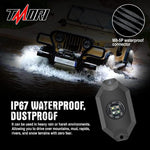 Tmori 4 Pods RGBW LED Rock Lights with Phone Bluetooth App/Remote Control Flashing Music Mode Multicolor Neon Underglow Waterproof Aluminum Light Kit for Jeep Trucks Off Road SUV ATV Boat