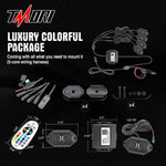 Tmori 4 Pods RGBW LED Rock Lights with Phone Bluetooth App/Remote Control Flashing Music Mode Multicolor Neon Underglow Waterproof Aluminum Light Kit for Jeep Trucks Off Road SUV ATV Boat
