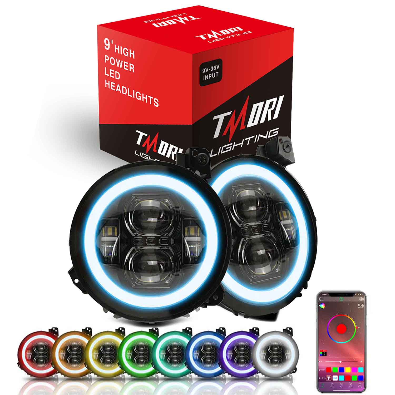 9" RGB-W Halo LED Headlights + 4" RGBW LED Fog Lights For 2018-2025 Jeep Wrangler JL JLU 4xe Gladiator (JT)