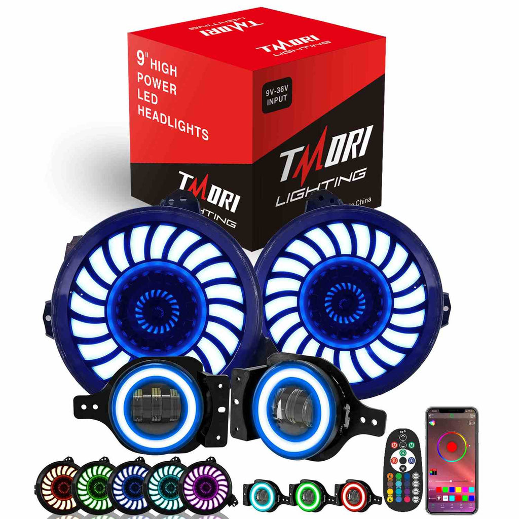 9" RGBW 3D LED Lens Halo Headlights + 4" RGBW Fog Lights Combo Kits for 2018-2025 Jeep Wrangler JL JLU & Jeep Gladiator JT