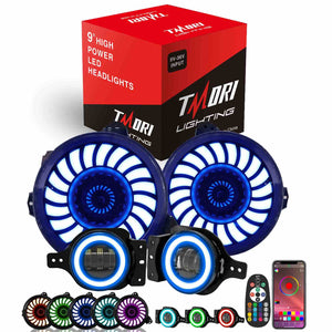 9" RGBW 3D LED Lens Halo Headlights + 4" RGBW Fog Lights Combo Kits for 2018-2025 Jeep Wrangler JL JLU & Jeep Gladiator JT