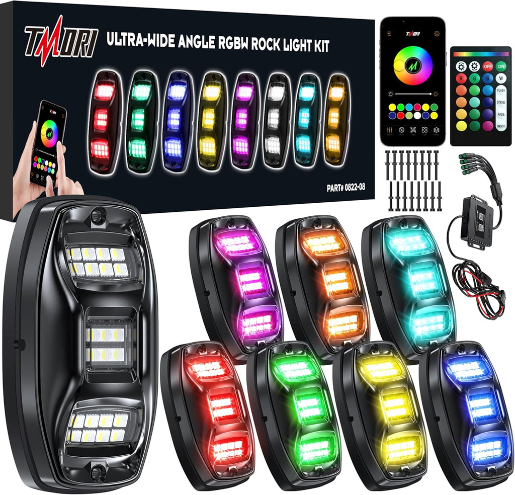 TMORI RGBW Rock Lights for Trucks & UTV - 8 Pods, App Controlled Flashing Music Mode