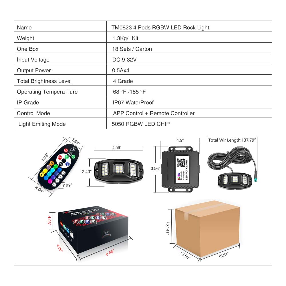 TM0821 6 Pods Underbody Rock Light Kits,RGBW LED Rock Light Kits with APP Bluetooth Controller