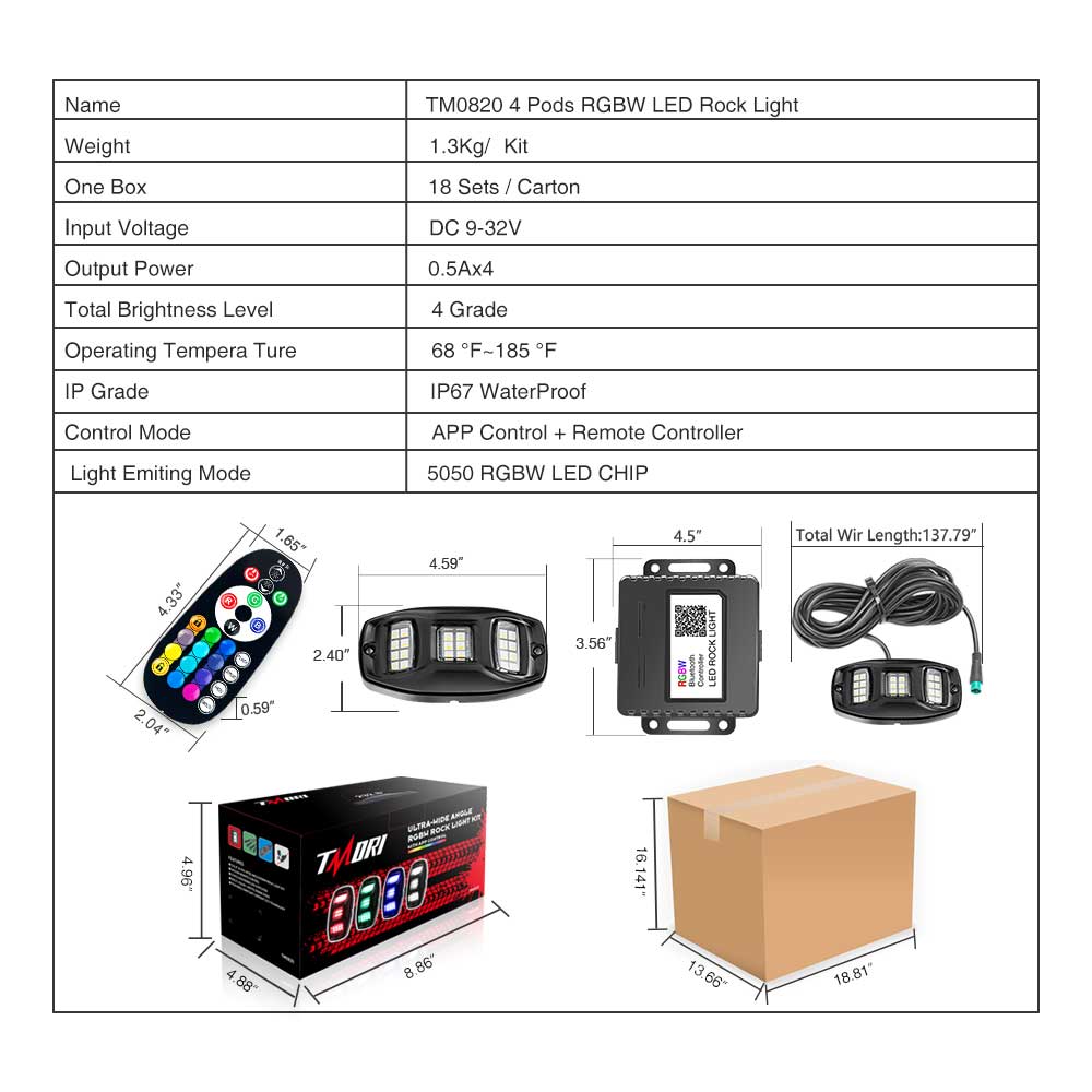 TM0820 4Pods Underbody Rock Light Kits,RGBW LED Rock Light Kits with APP Bluetooth Controller