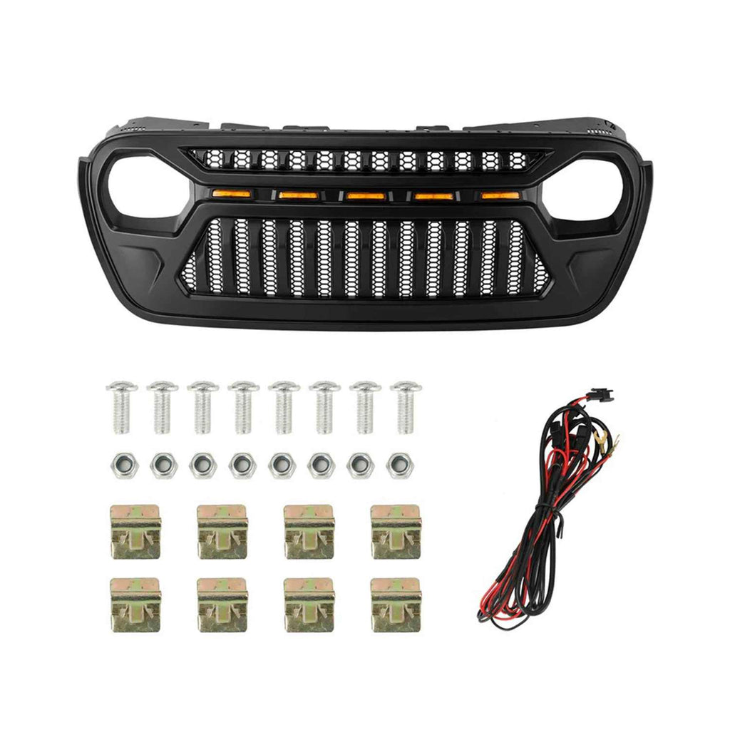 Jeep Grille (Angry Birds) with White/Amber LED Lights ABS Matte Black for 2018-2025 Jeep Wrangler JL JLU 4XE & Jeep Gladiator JT