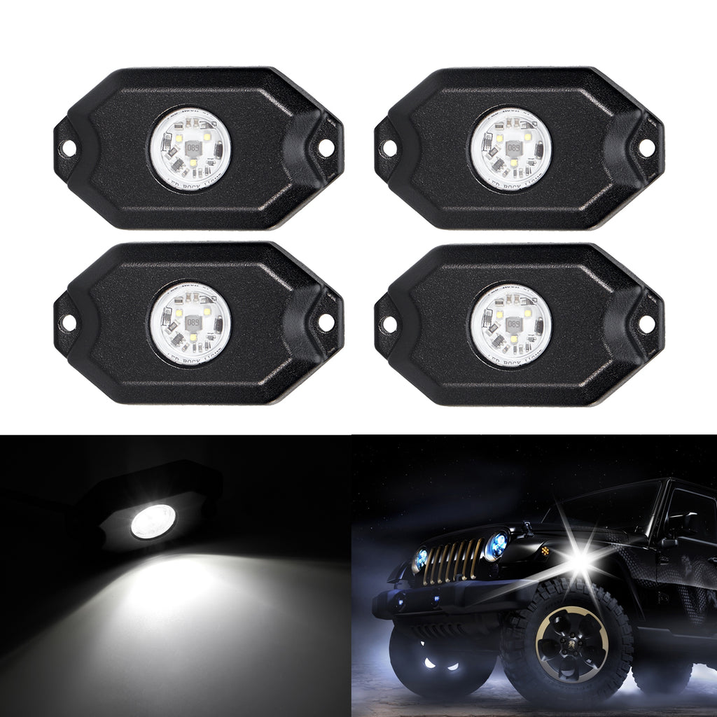 led rock light 4 Pods With High Quality Chip. Rock lights kits have 12 beads, more than the other rock light kits. High quality led chip, provide brighter lights and low energy consumption.  Special in White led rock light kit,jeep rock lights,off road rock lights,rgb rock lights,led rock light kit,led rock lights,jeep jk rock lights